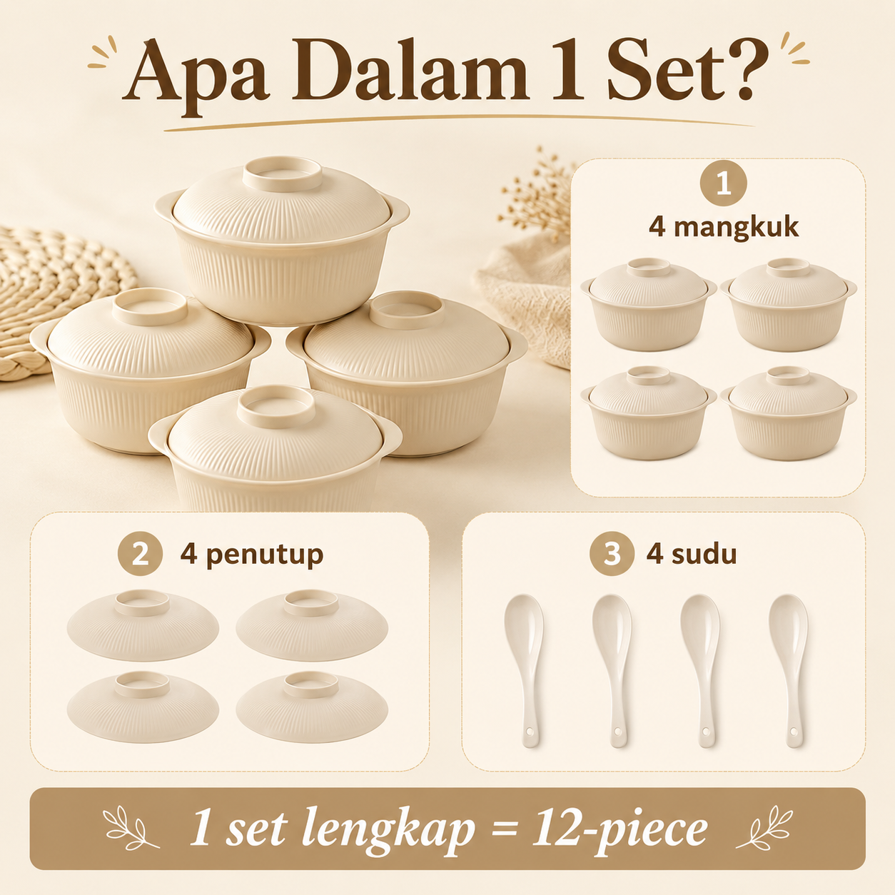 Set Mangkuk Bertutup 12-Piece (4 Mangkuk + 4 Penutup + 4 Sudu)