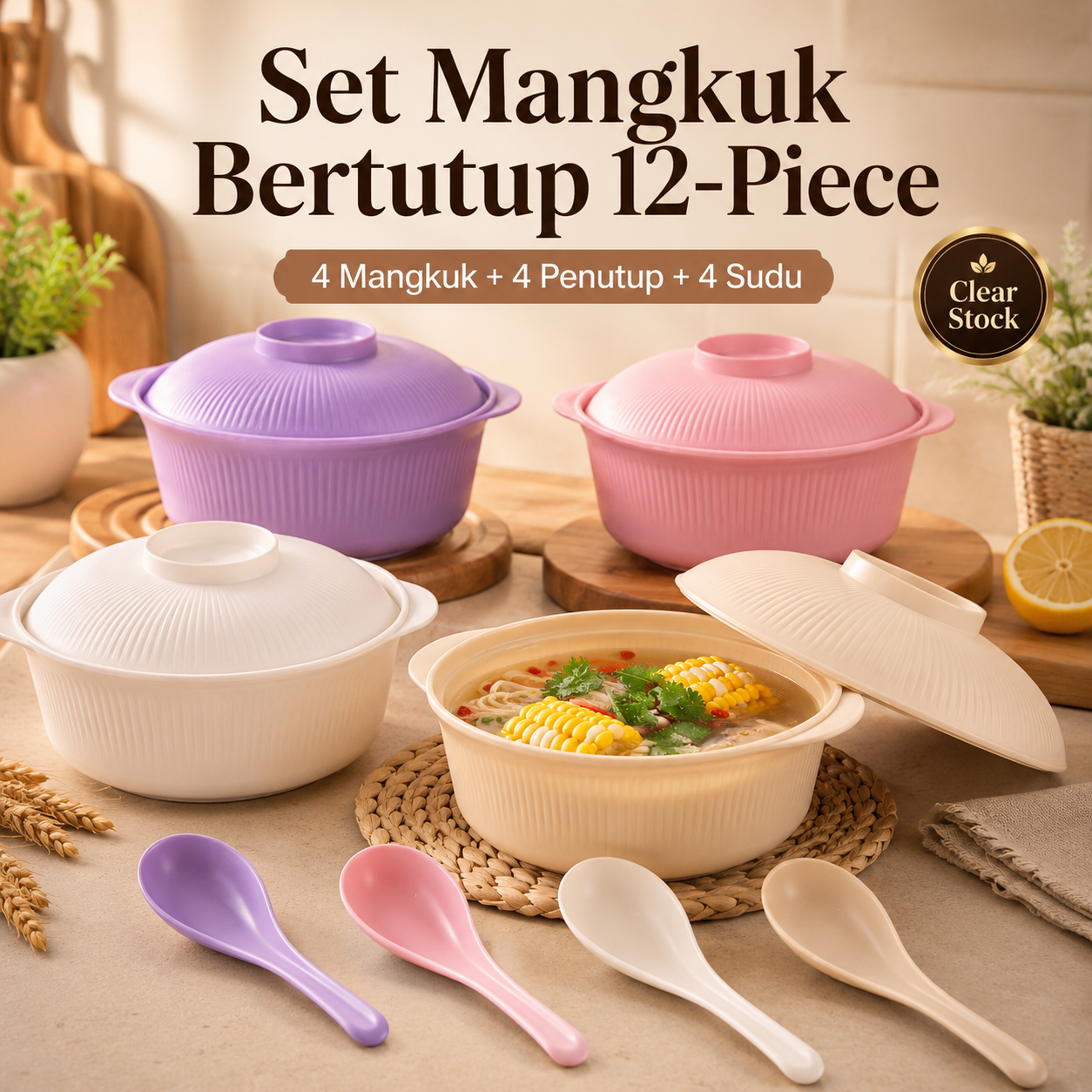 Set Mangkuk Bertutup 12-Piece (4 Mangkuk + 4 Penutup + 4 Sudu)