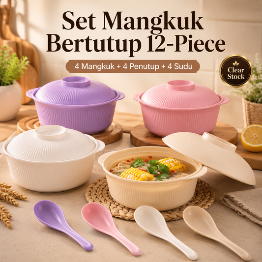 Set Mangkuk Bertutup 12-Piece (4 Mangkuk + 4 Penutup + 4 Sudu)