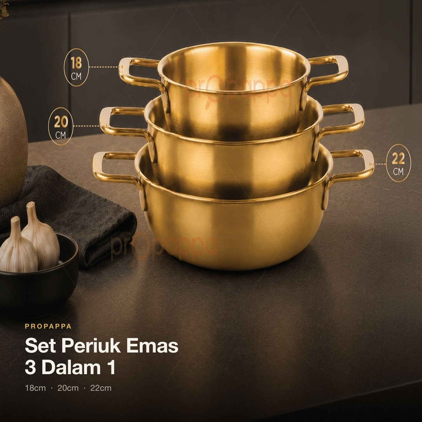 Propappa set periuk emas 3 dalam 1 18cm 20cm 22cm