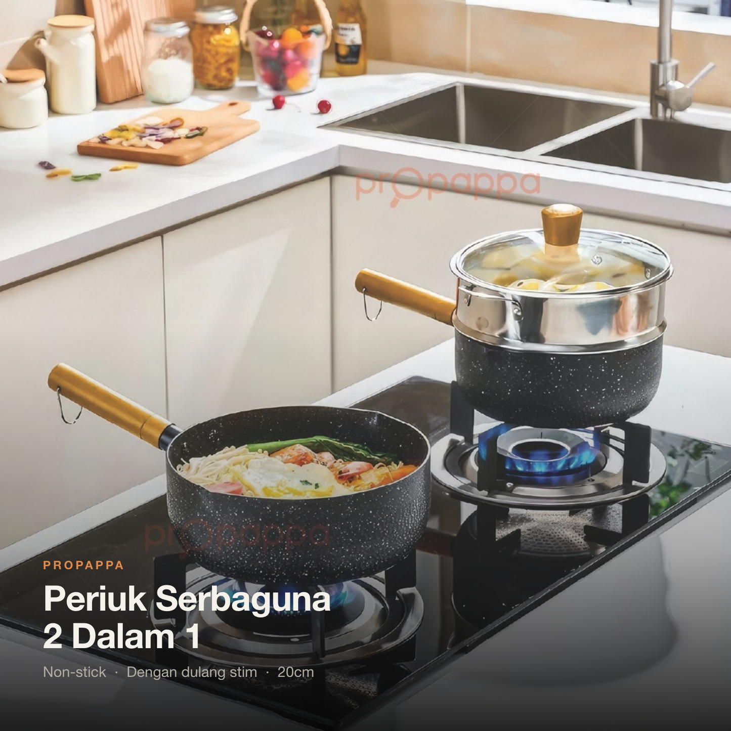 Propappa periuk serbaguna 2 dalam 1 non-stick 20cm dulang stim