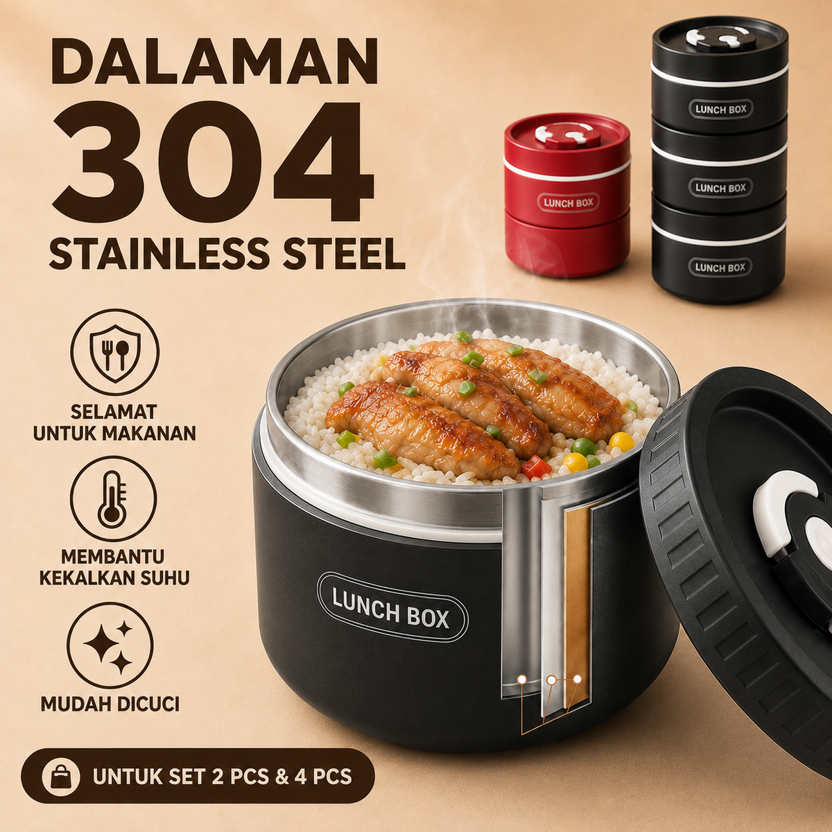 Lunch Box Stainless Steel + Free Bag