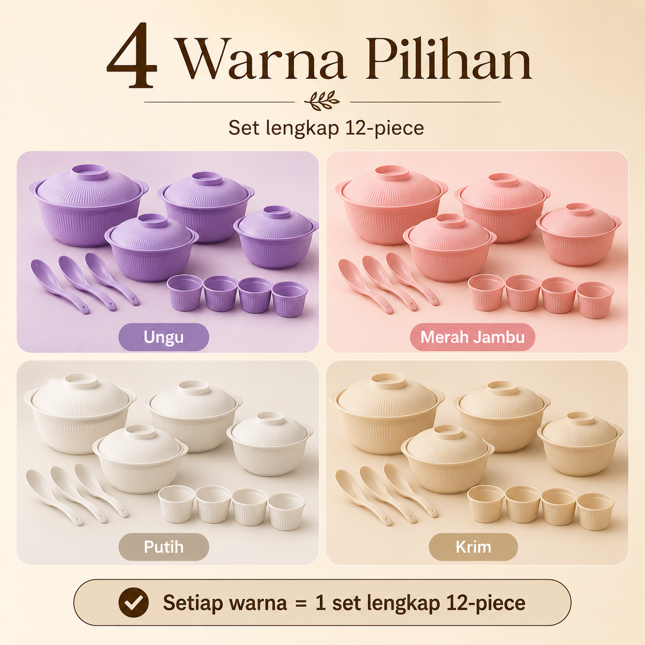 Set Mangkuk Bertutup 12-Piece (4 Mangkuk + 4 Penutup + 4 Sudu)