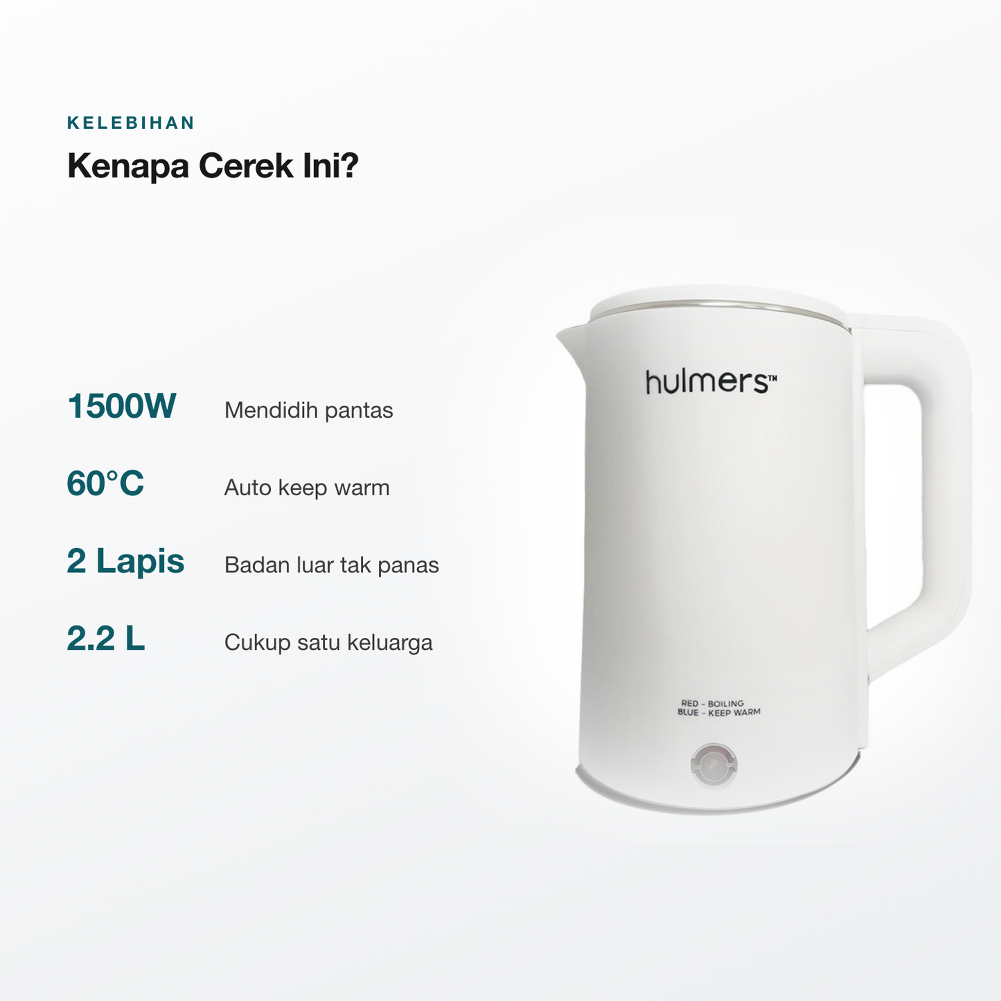 Kelebihan cerek Hulmers 1500W keep warm dua lapis