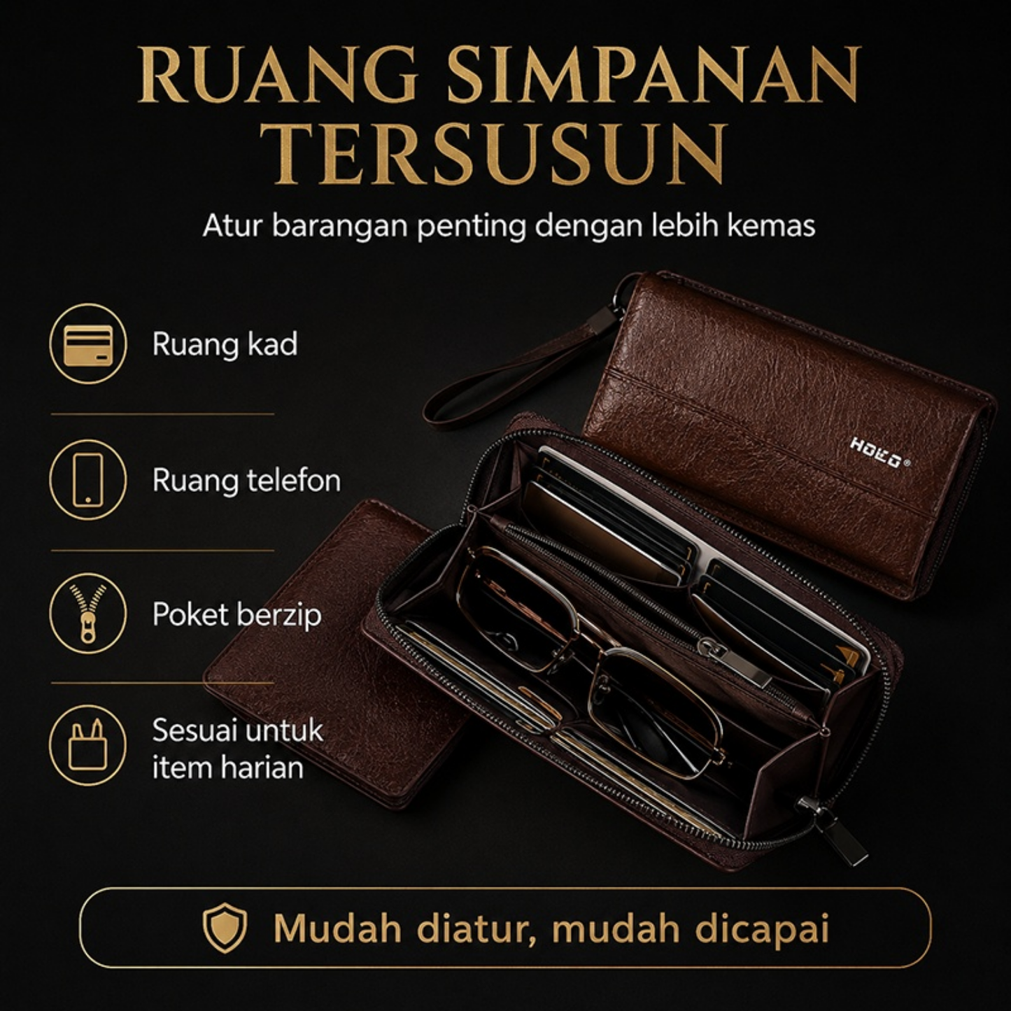 Ruang simpanan tersusun ruang kad telefon poket berzip