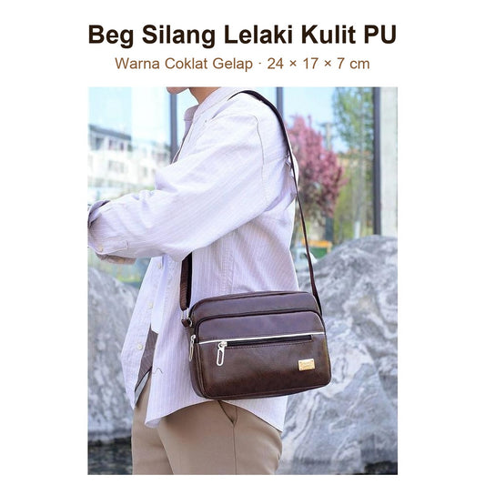 Beg Silang Lelaki Kulit PU - Warna Coklat Gelap