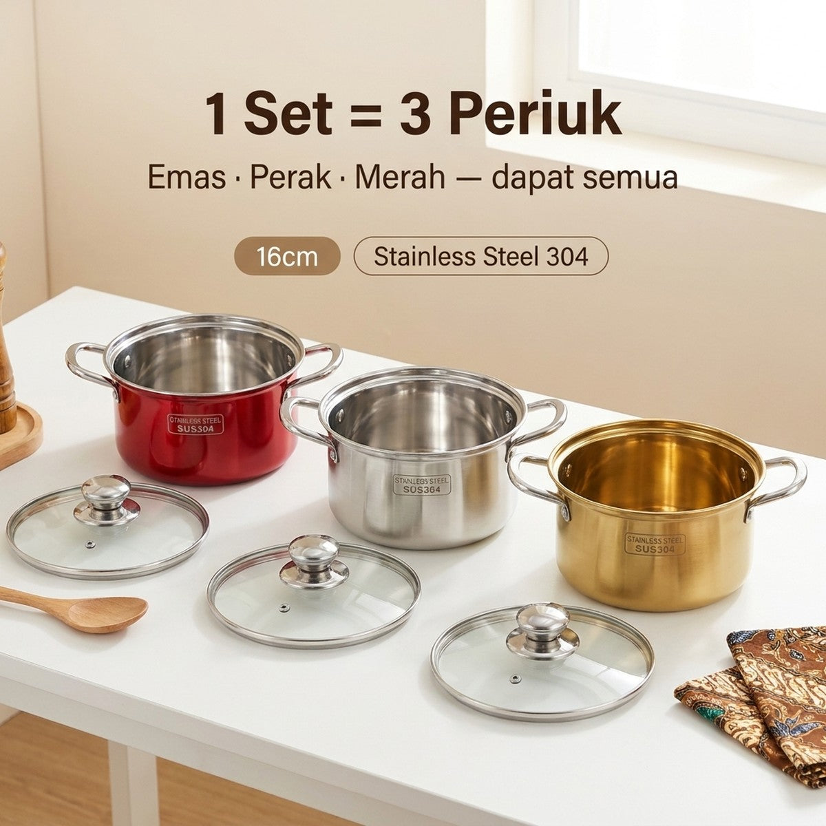 1 set 3 periuk emas perak merah