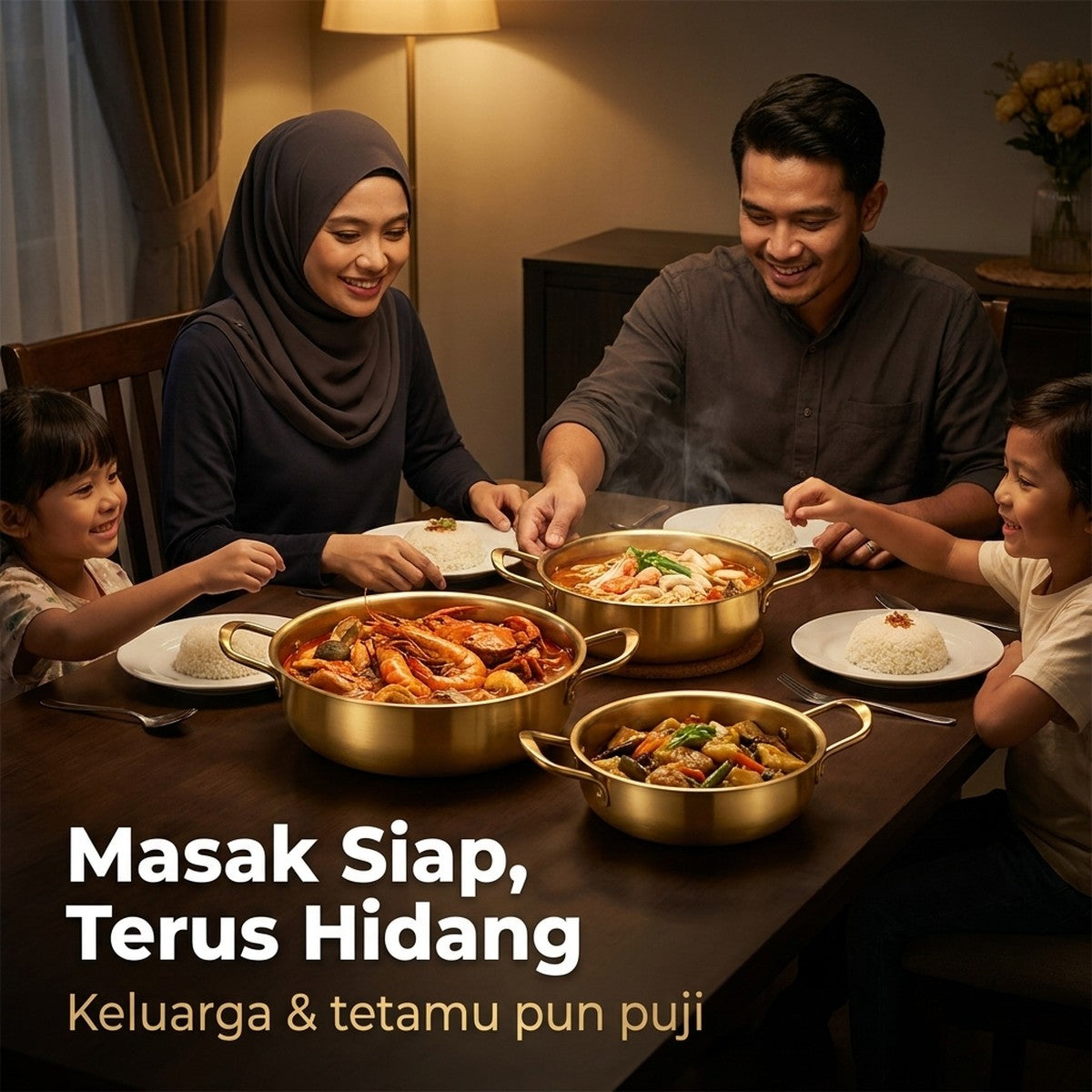 Keluarga gembira makan guna set periuk emas