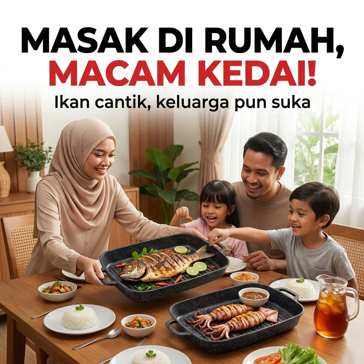 Keluarga gembira makan ikan bakar guna pinggan grill