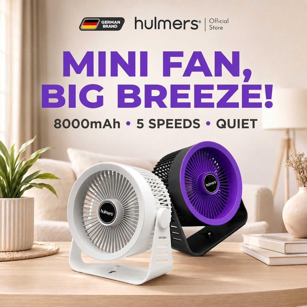 Hulmers mini fan, big breeze, 8000mAh 5 speeds quiet