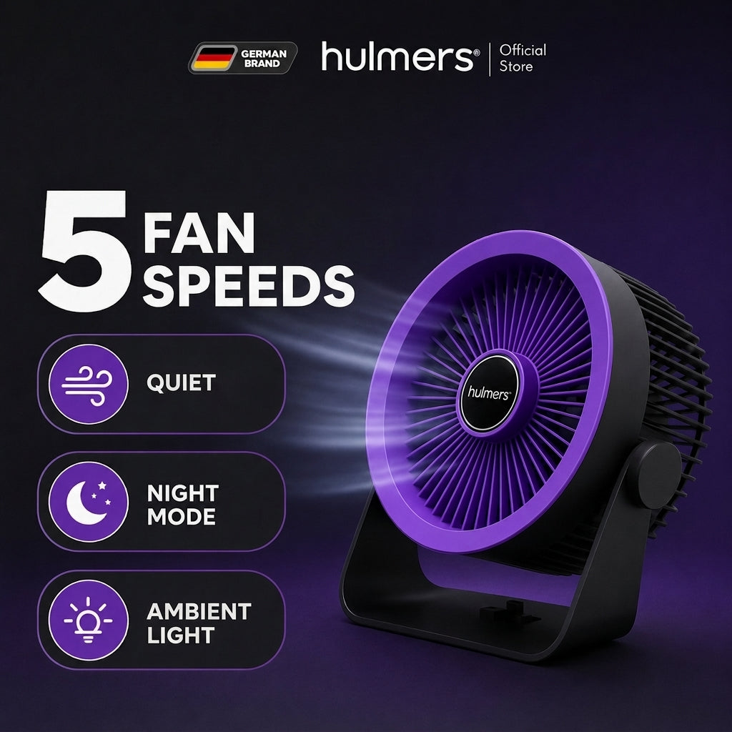 5 fan speeds, quiet, night mode, ambient light