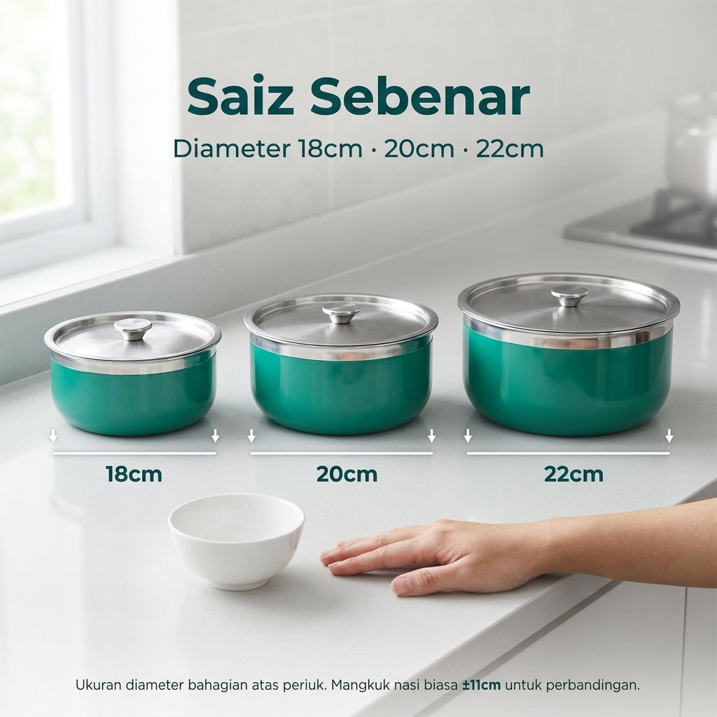 Saiz sebenar Periuk 3 Beradik 18cm 20cm 22cm