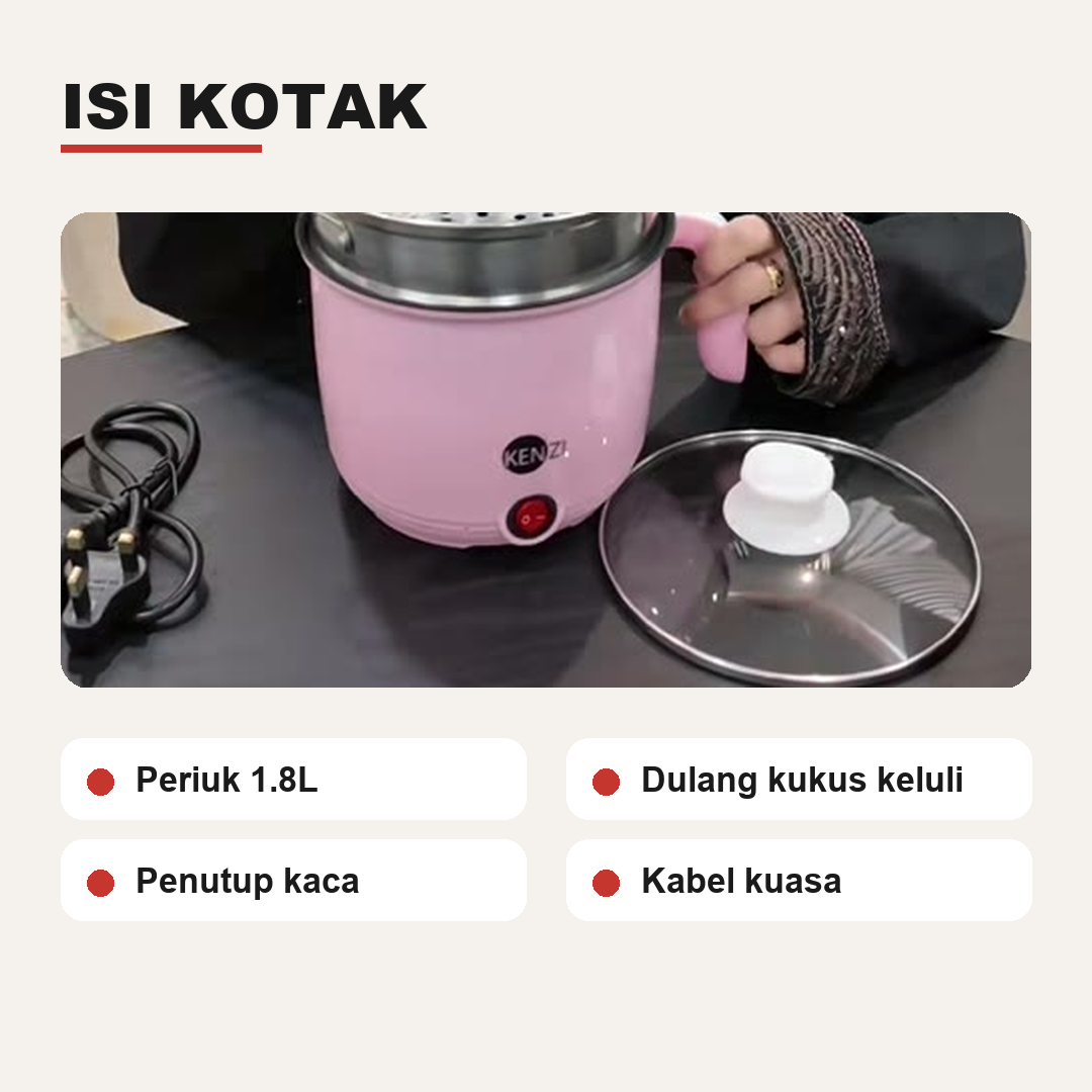 Isi kotak periuk dulang kukus penutup kaca kabel