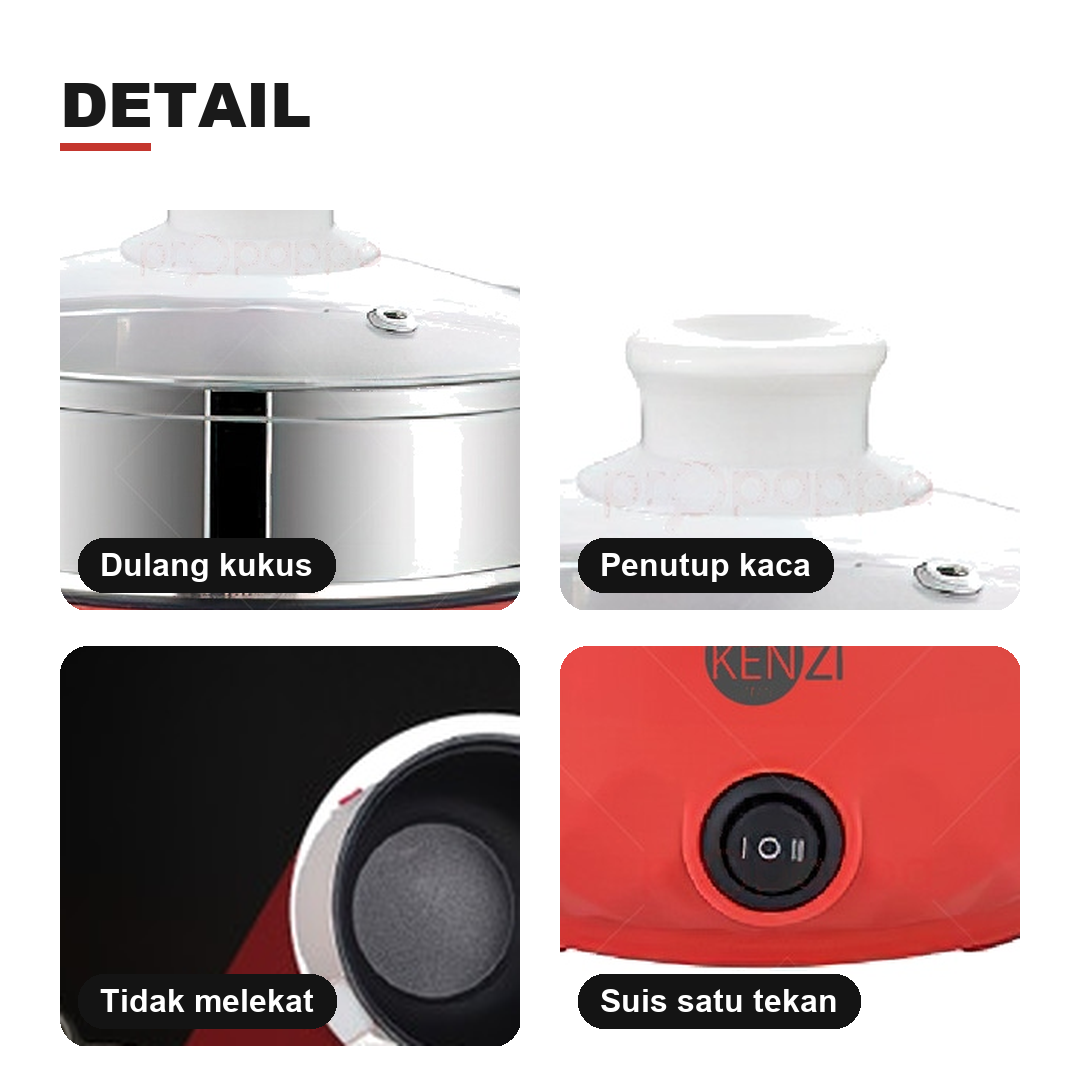 Detail dulang kukus penutup kaca dalaman tidak melekat suis